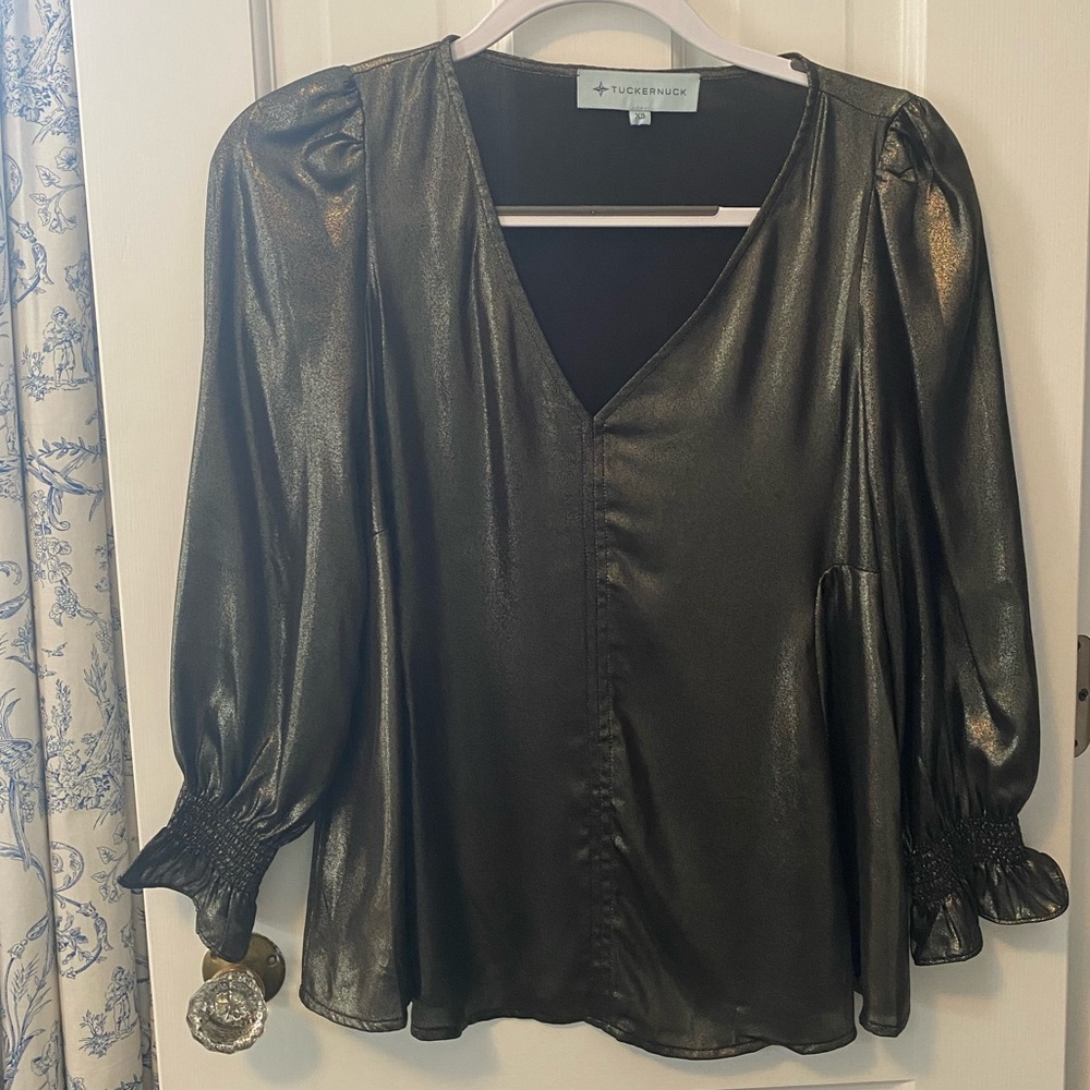 Tuckernuck Easton Blouse in metallic gold/green color